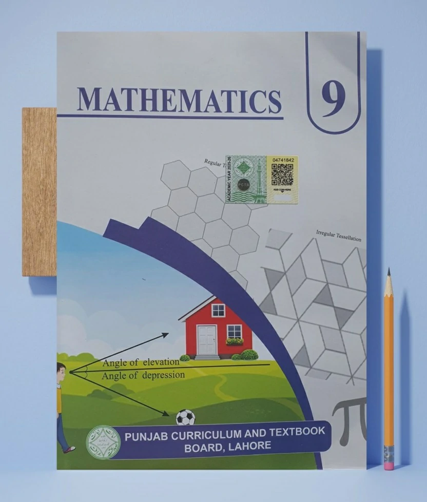 Cover of the 9th Class Mathematics textbook published by the Punjab Curriculum and Textbook Board, Lahore. The cover features a geometric design with tessellations, a red house, and a student observing angles of elevation and depression. A Punjab textbook board logo and a security sticker are also present.