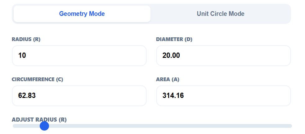 Circle & Unit Circle Calculator (Step by Step Solutions) 1 Circle Calculator Geometry Mode