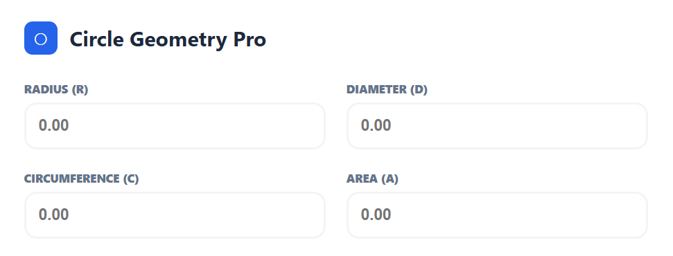 Circle Calculator (Area, Radius, Diameter & Circumference with Steps) 1 Circle Geometry Solver Input Fields