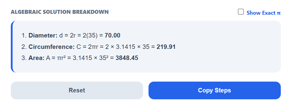 Circle Calculator (Area, Radius, Diameter & Circumference with Steps) 3 Circle calculator Solution Steps Section explaining each calculation steps