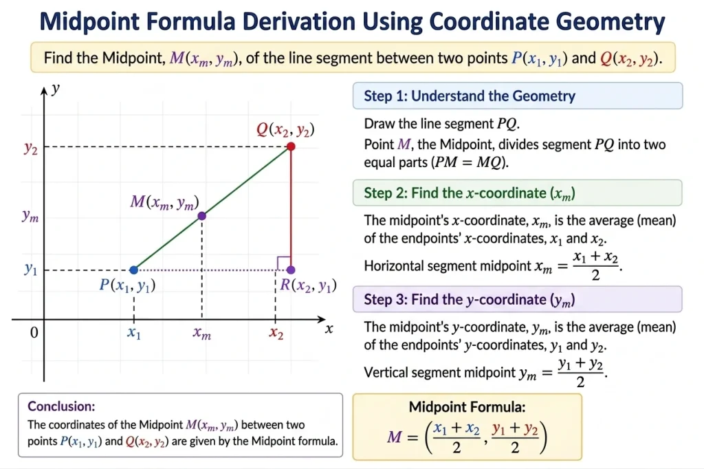 Coordinate Geometry Formulas โ Distance, Midpoint, Slope & Line Equations 3 Midpoint formula example on coordinate geometry graph