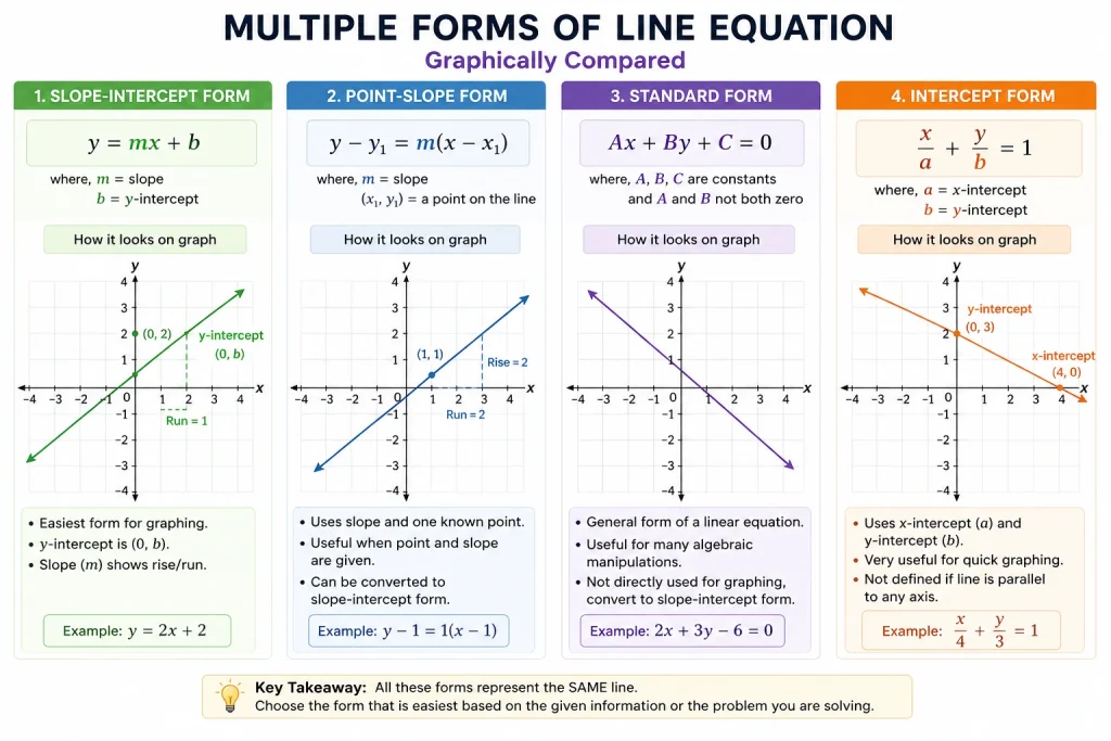 Coordinate Geometry Formulas โ Distance, Midpoint, Slope & Line Equations 5 Different line equation forms in coordinate geometry