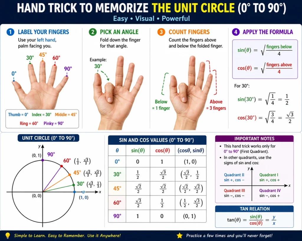 Unit Circle: Complete Guide (Chart, Values, Memorization) 3 Unit circle hand trick diagram showing how to find sin and cos values using fingers for angles 0° to 90°