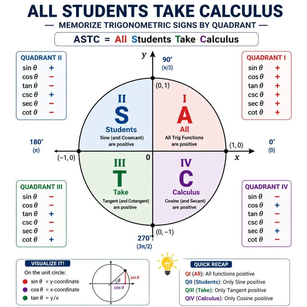Unit Circle: Complete Guide (Chart, Values, Memorization) 1 Unit circle showing trigonometric signs in all four quadrants using ASTC rule (All Students Take Calculus), explaining which functions are positive in each quadrant