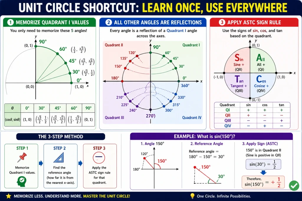 Unit Circle: Complete Guide (Chart, Values, Memorization) 4 Unit Circle Memorization Trick: Learn the First Quadrant Only, Since the Remaining Quadrants Are Reflections of It.