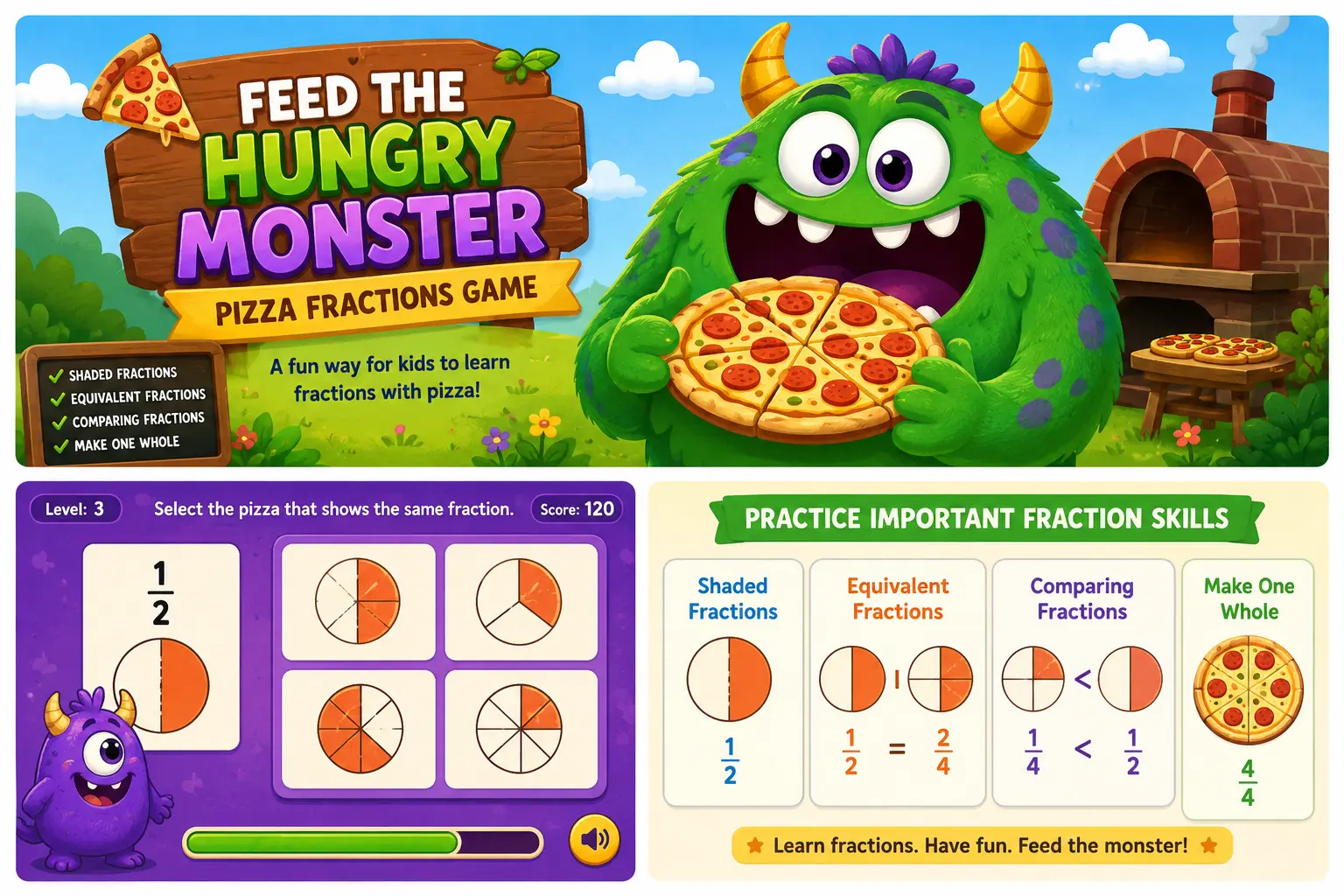 Feed the Hungry Monster Fractions Game