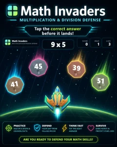 Free Math Notes, Calculators and Interactive Math Games 7 Math Invaders multiplication and division game poster with spaceship and falling answer rocks