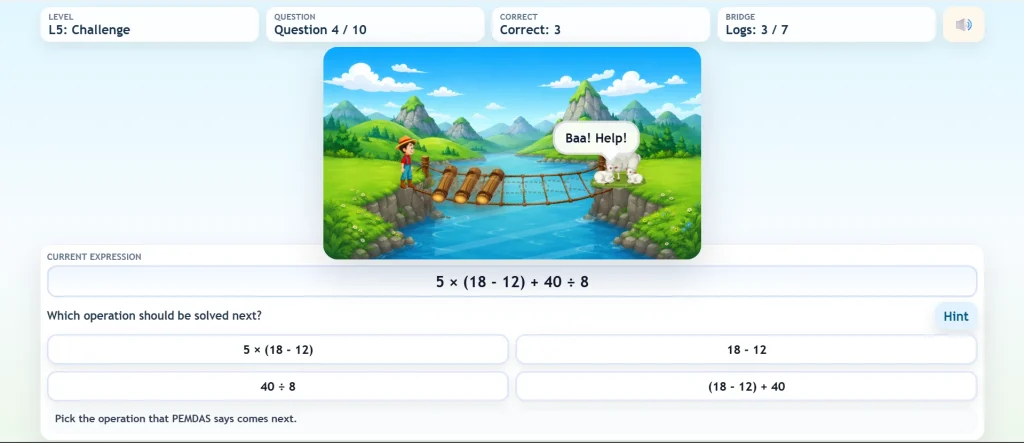 Order of Operations Bridge Builder – Free PEMDAS Math Game for Kids 2 Order of operations game showing a bridge building math expression