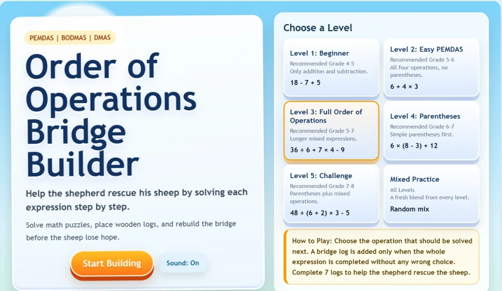 Order of Operations Bridge Builder – Free PEMDAS Math Game for Kids 3 Difficulty levels in Order of Operations Bridge Builder game