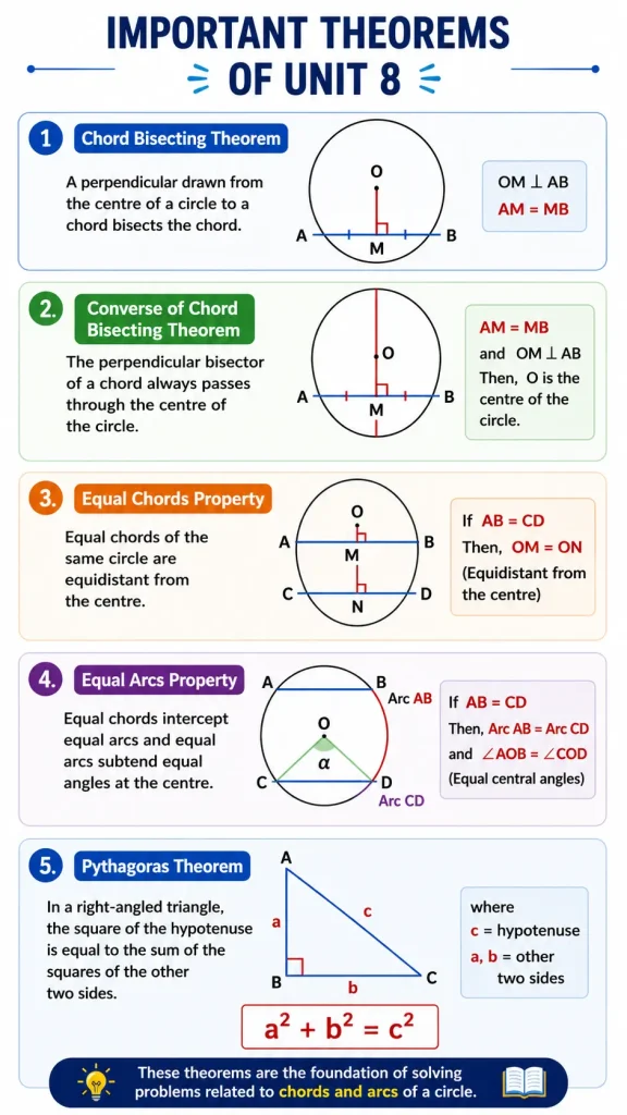 Unit 8 Class 10 Math New Book Solutions 2 Important theorems of Unit 8 Class 10 Math New Book Solutions including chord bisecting theorem, equal chords property, equal arcs property and Pythagoras theorem