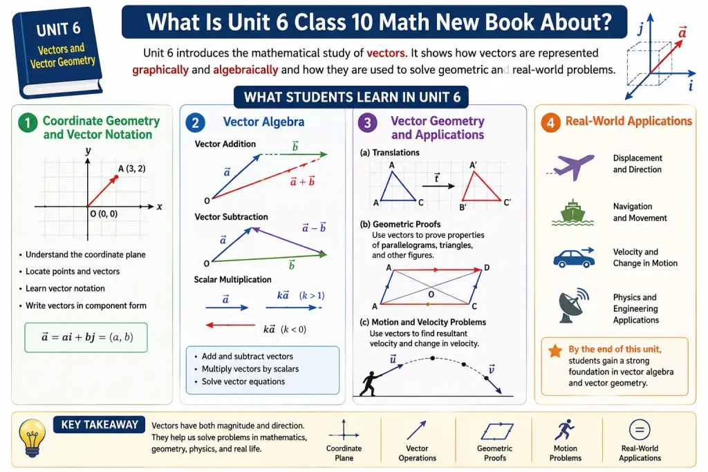 Unit 6 Class 10 Math New Book Solutions 1 Unit 6 Class 10 Math New Book Solutions infographic showing vectors and vector geometry, coordinate geometry, vector algebra, translations, geometric proofs, velocity problems, and real-world applications.