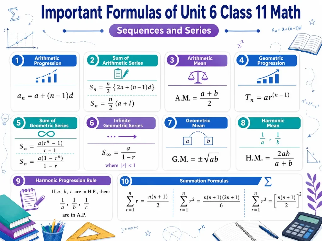 Unit 6 Class 11 Math Notes – Sequences and Series 2 Important formulas of Unit 6 Class 11 mathematics