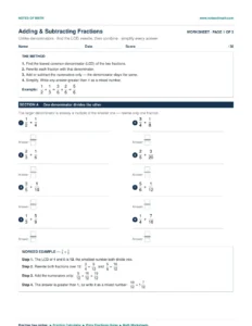 Free Math Notes, Calculators and Interactive Math Games 8 Adding and subtracting fractions with unlike denominators worksheet, page one