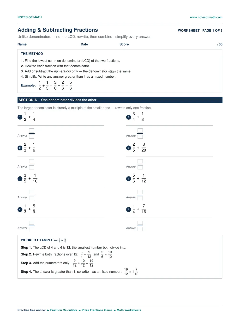 Adding Fractions with Unlike Denominators Worksheets 1 Page 1 of the Notes of Math adding fractions with unlike denominators worksheet, showing the LCD method, eight practice questions and a worked example