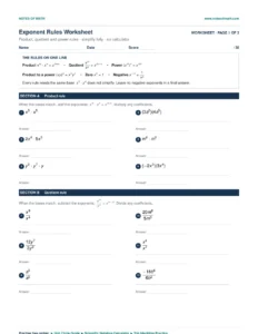 Free Math Notes, Calculators and Interactive Math Games 9 Exponent rules worksheet, page one