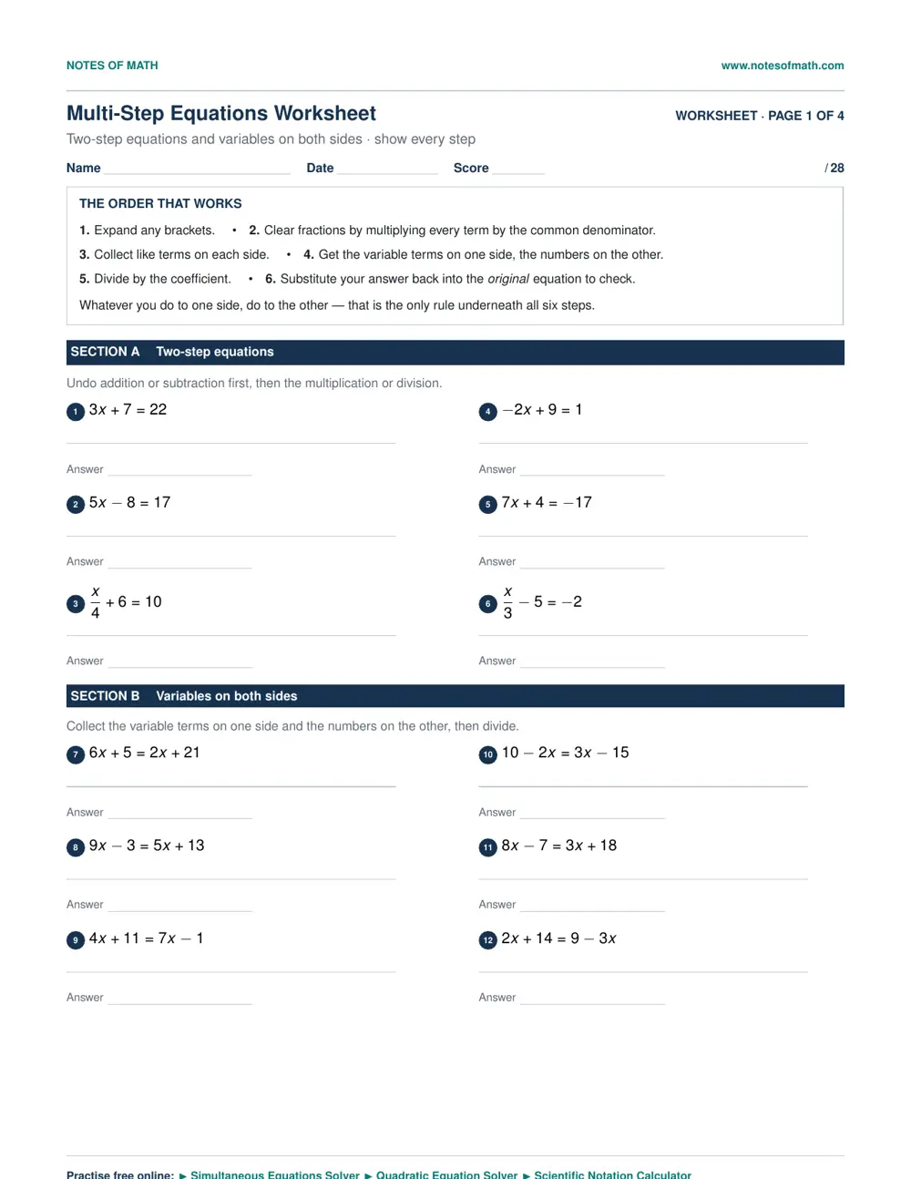 Multi-Step Equations Worksheet 1 Page 1 of the Notes of Math multi-step equations worksheet, showing the six-step solving order and twelve practice questions