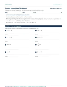 Free Printable Math Worksheets with Answer Keys 3 Solving inequalities worksheet, page one